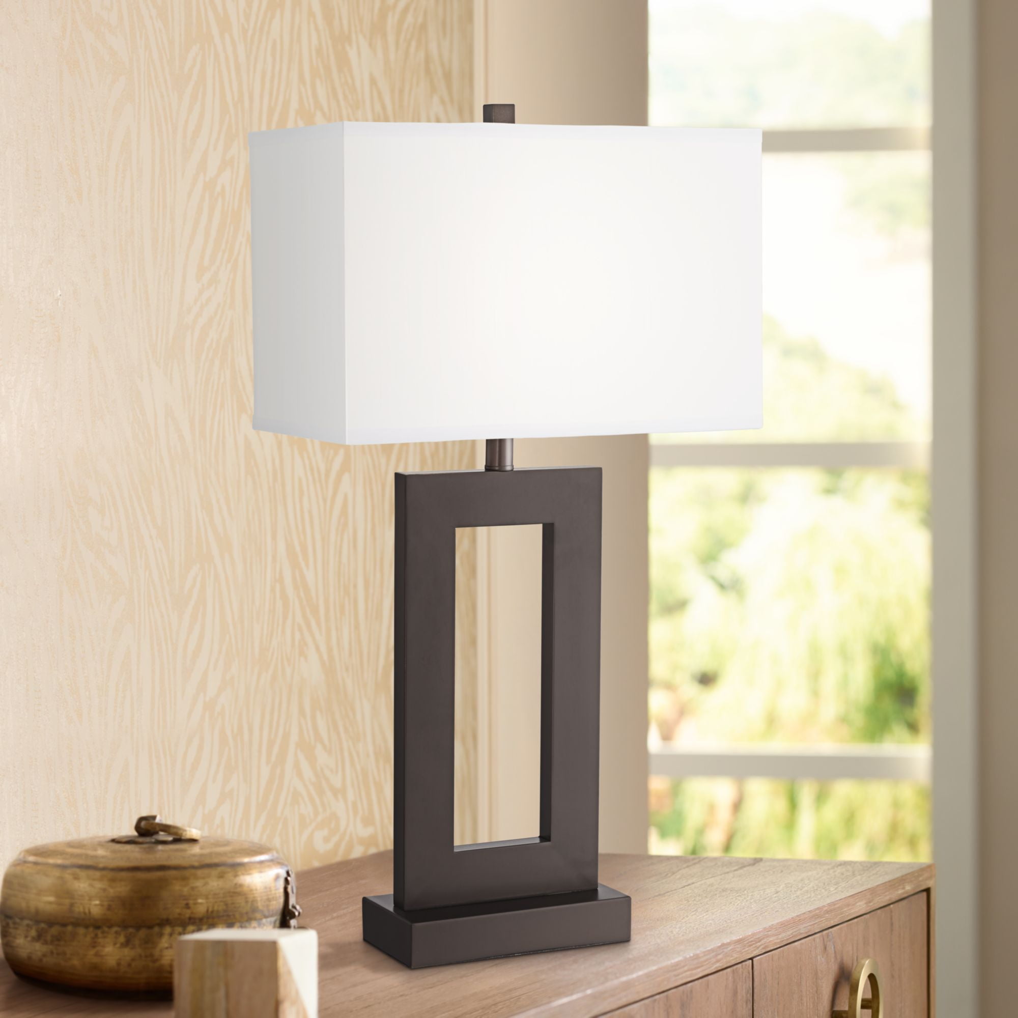 360 Lighting Modern Table Lamp Bronze Metal Open Window White Rectangular Shade For Living Room Family Bedroom Bedside Nightstand - Rectangular Bedside Table Lamp 360 Lighting Modern Table Lamp Bronze Metal Open Window White Rectangular Shade For Living Room Family Bedroom Bedside Nightstand - Rectangular Bedside Table Lamp