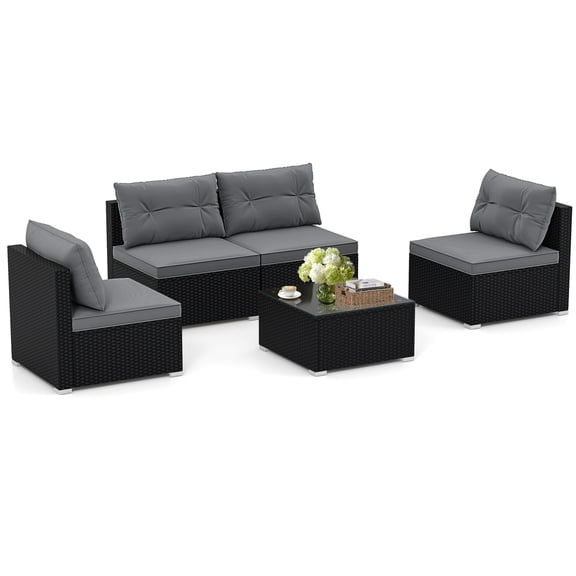Topbuy 5 Pieces Outdoor Patio Furniture Set Sectional PE Rattan Sofa Set with Cushions and Tempered Glass Coffee Table Gray