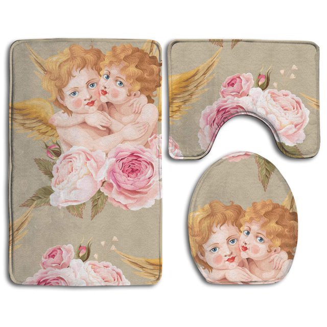 Juego de alfombras de baño ABPHQTO San Valentín Rosas rosadas y Cupido 3 piezas Contorno Tapa de inodoro