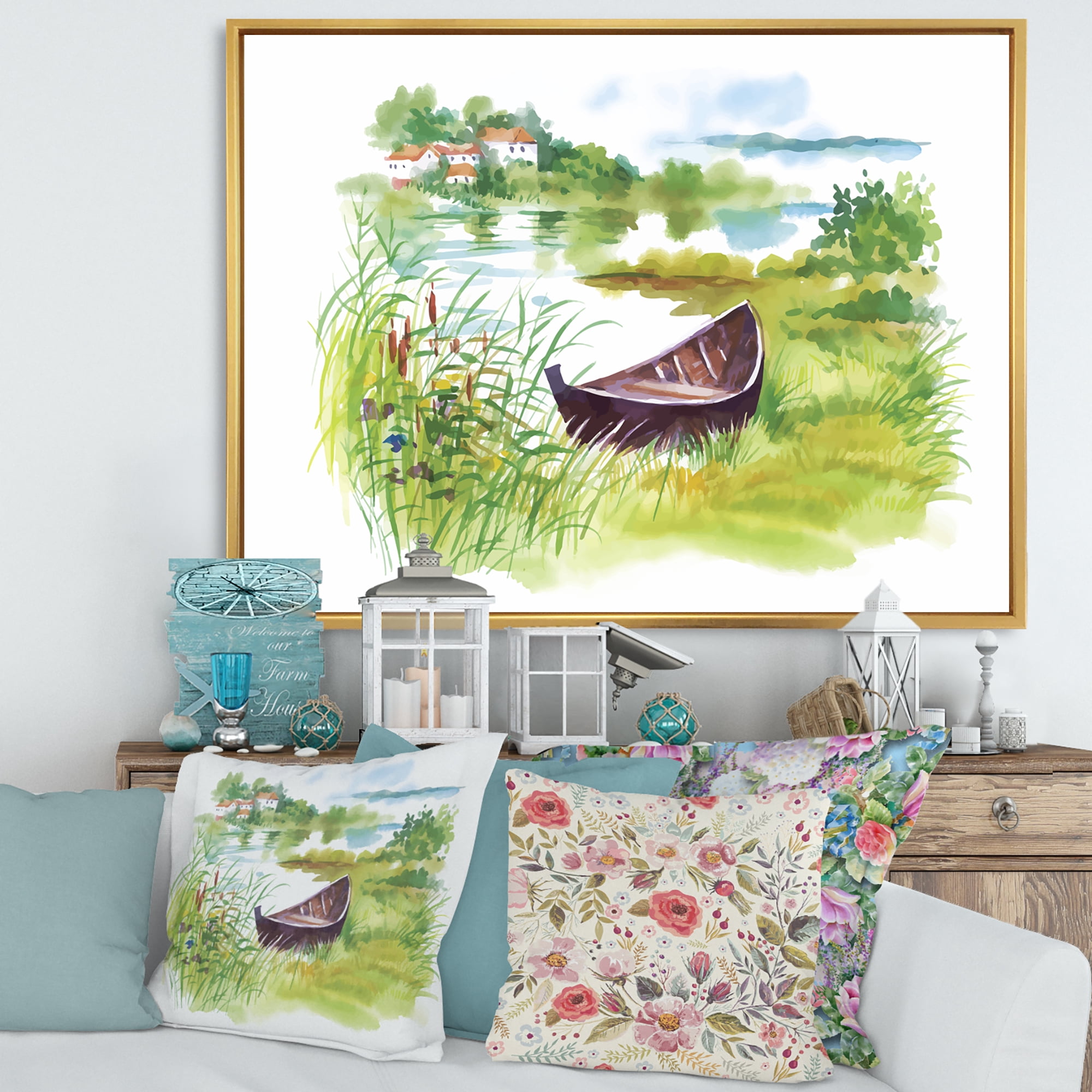 Designart 'Rural Green Landscape With Boat In Lake' Lake House Framed Canvas Wall Art Print