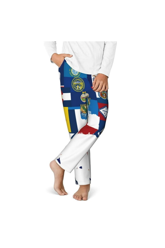 The Map Of United States Print Youth Home Trousers, Elastic Waistband with Pockets for Home and Outing, Suitable for Children Aged 5-16-XS(5-6)