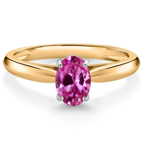Gem Stone King 10K Yellow Gold Pink Created Sapphire Solitaire Engagement Ring for Women (0.90 Cttw, Oval 7X5MM, Gemstone September Birthstone, Size 7)