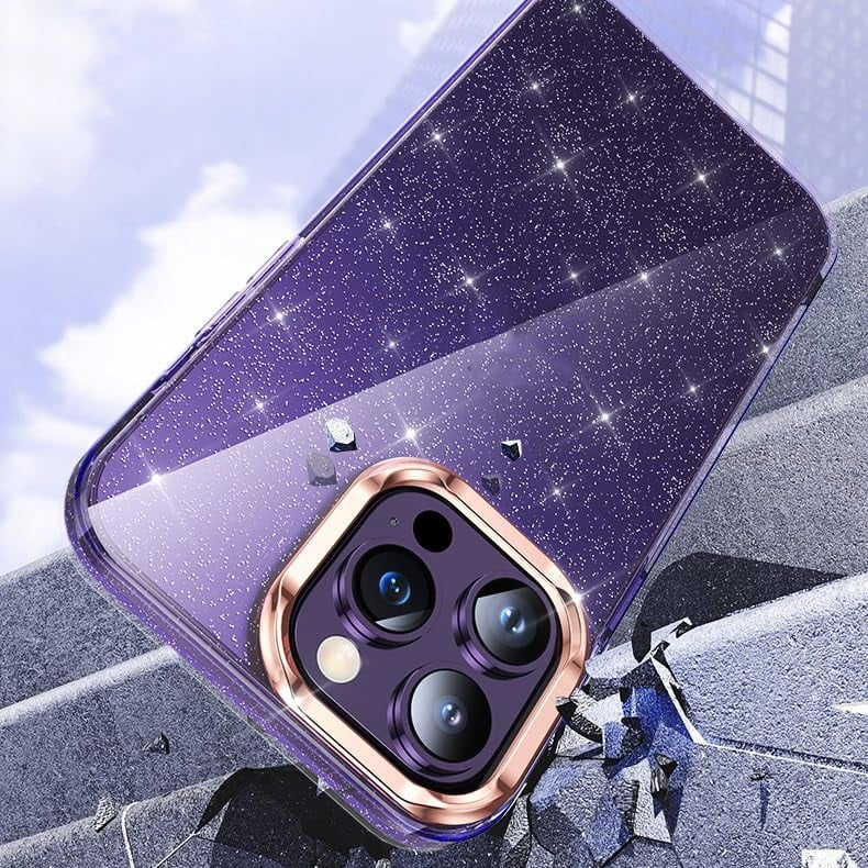 Case for iPhone 15/15 Plus/15 Pro/15 Pro Max, Clear Sparkle Phone Case with Electroplated Lens Protective, Support Wireless Charging Cover