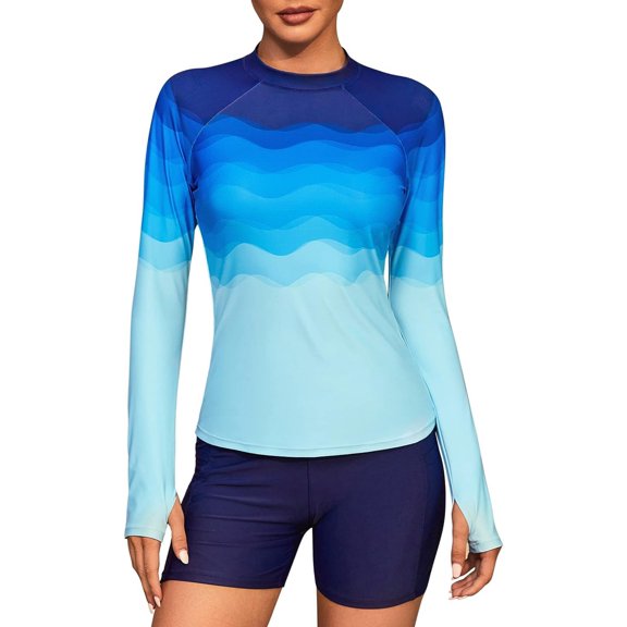 Sociala Women's Sun Protection Long Sleeve Swim Shirt Gradient Rash Guard with Thumb Holes