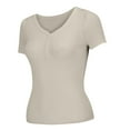 thumbnail image 3 of Holzkary Women's Henley T Shirts Summer Deep V Neck Ribbed Short Sleeve Slim Fit Button Tops Casual Tee Ice T Shirt Woven Sweater Versatile Thin V Neck Slimming Base Layer Worn Outside Beige L, 3 of 8