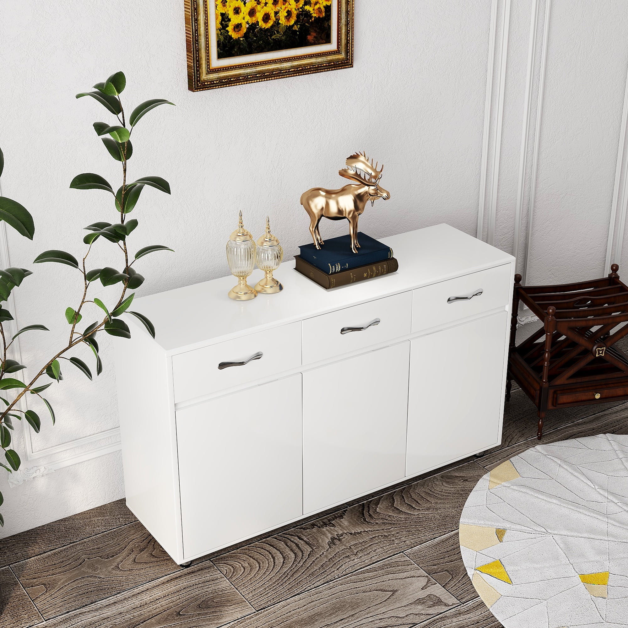 Mintazer Sideboard Buffet Cabinet with 3 Drawers & 3 Doors, Modern Storage Credenza with Adjustable Shelves for Kitchen Dining Room Living Room, White