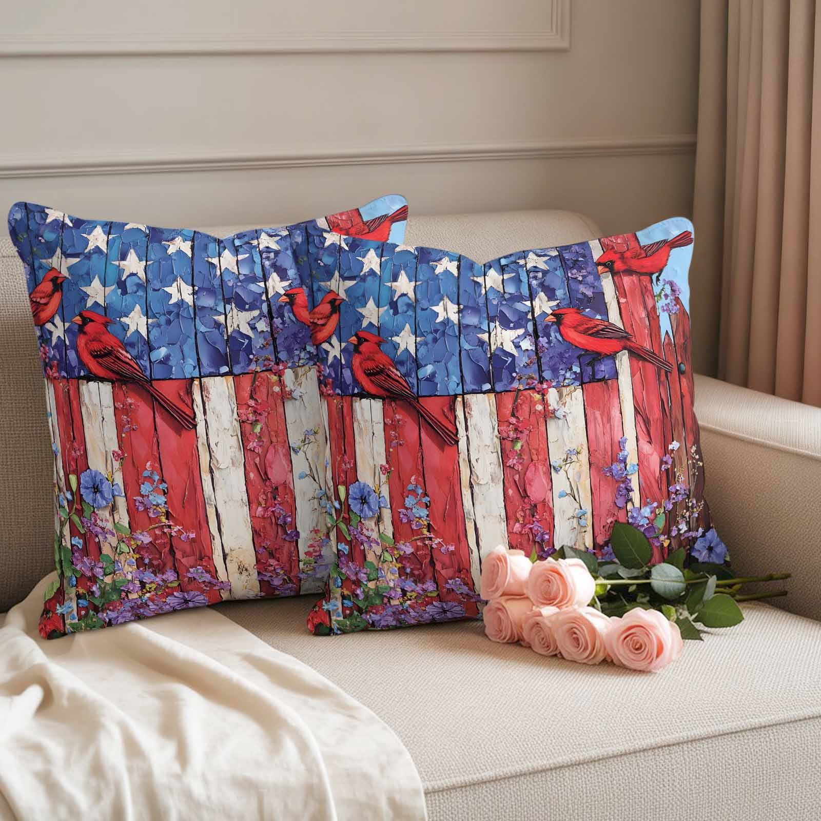 Cardinal Bird Flower Pillow Covers 2 Pack 4th of July Pillowcase Waterproof Outdoor Throw Pillow Cover for Patio Garden Square Cushion 18”x18”