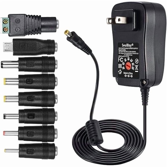 can 30W Universal AC/DC Power Supply Adapter | 3V 4.5V 5V 6V 7.5V 9V 12V Adjustable Output (Max 2A) | Multi-Voltage Wall Charger for LED Strip, CCTV Camera, Router | 5FT Cord