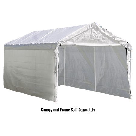 Canopy Enclosure Kit for the SuperMax 10 ft. x 20 ft. (Frame and Canopy Sold Separately) The ShelterLogic MaxAP 10 ft. x 20 ft. Canopy Enclosure Kit delivers more options  and more versatility to your canopy. Quickly convert your 10 ft. x 20 ft.   2 in. diameter fixed leg canopy to an enclosed shelter in minutes. Attaches to the frame quickly and easily with bungee fasteners. Create a great low cost seasonal storage solution in minutes. Canopy frame and cover sold separately.ENCLOSURE KIT ONLY - CANOPY FRAME AND COVER SOLD SEPARATELY. Fits all 10 x 20 ft. SuperMax 2 in. diameter canopies.. Heat sealed seams not stitched for a stronger bond. 100% water resistant. Constructed of ripstop woven polyethylene fabric. 50+ UPF Sun Protection blocking 98% of harmful UV Rays. Added UV protection  fade blockers  anti- aging  anti-yellowing and anti-microbial agents. UV protection treated inside  outside and in between. Quick and easy set-up attached to canopy frame in minutes with bungee fasteners  reuse your existing bungees or reorder.