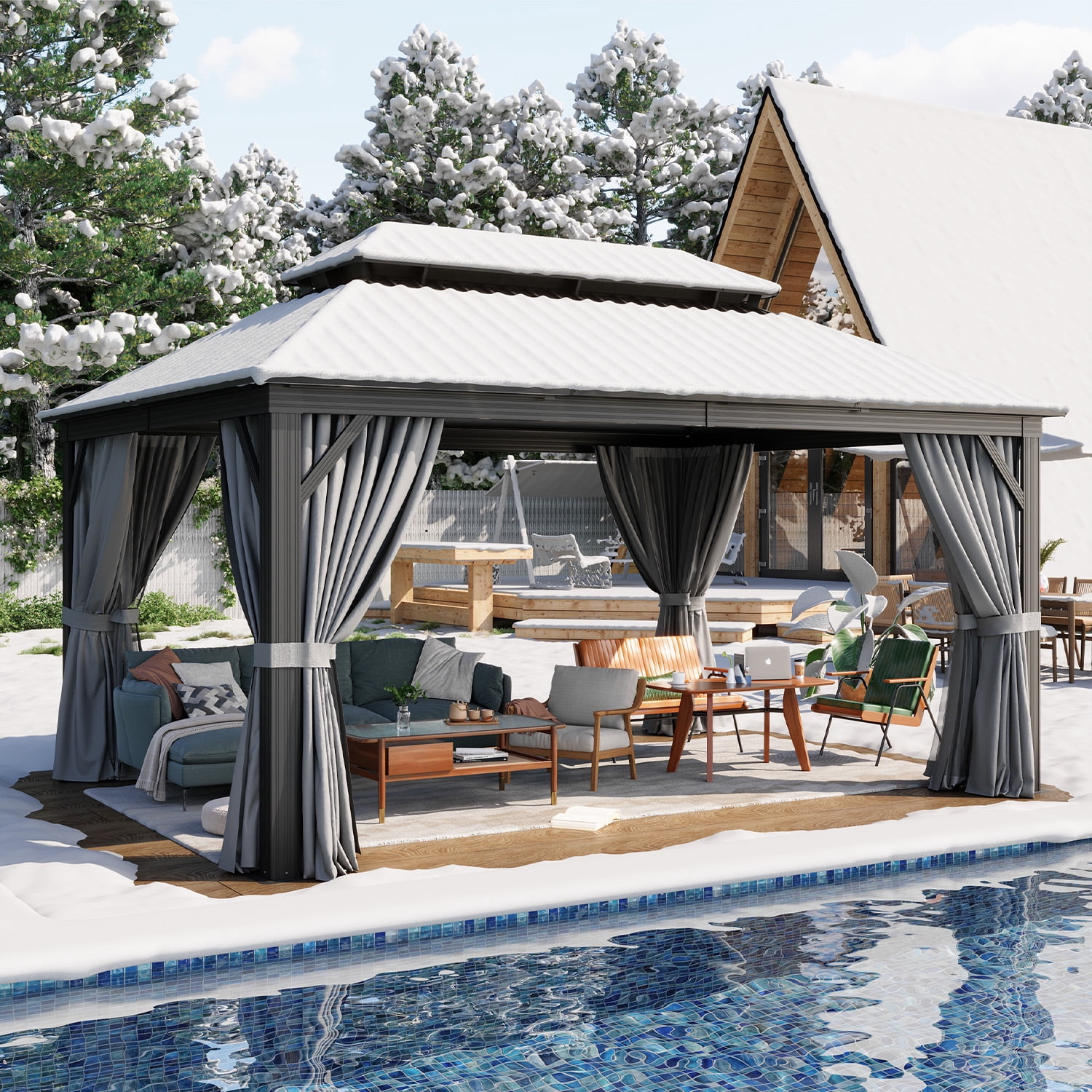 BaPiPro 12x16 FT Permanent Outdoor Gazebo – Aluminum Frame with Double Roof, Includes Curtains & Netting, Ideal for Patio, Lawn, and Garden,Gray