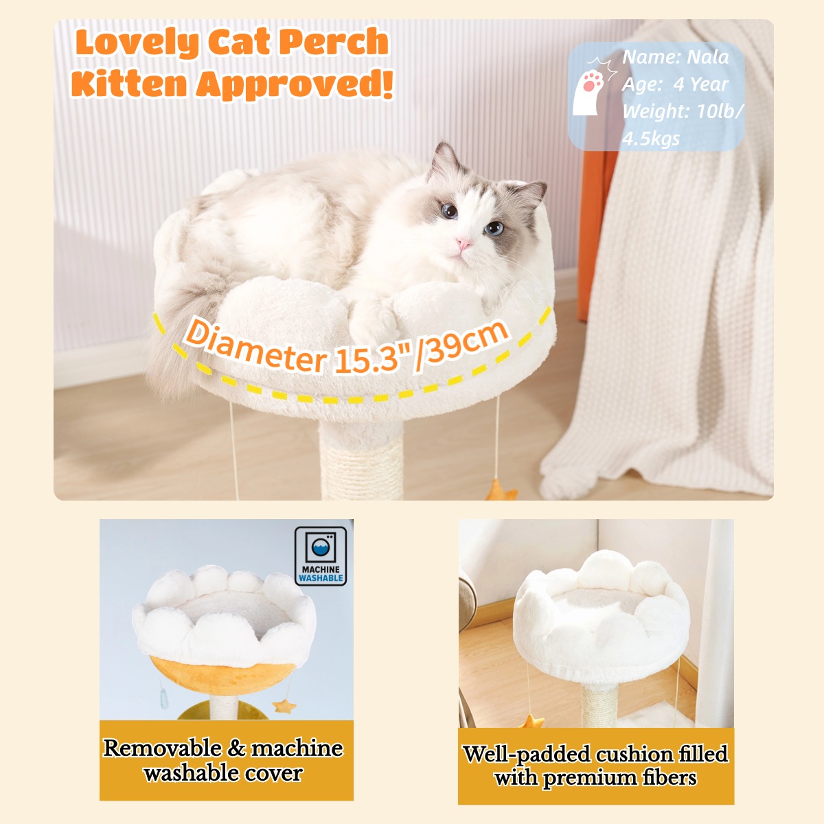 Happi N Pets 28" Tall Thick Cat Scratching Post, Small Cat Tree for Indoor Cats with Cloud Soft Perch & Bed, Cute Toys, Stable Stand, Removable Cover, Bonus Catnip