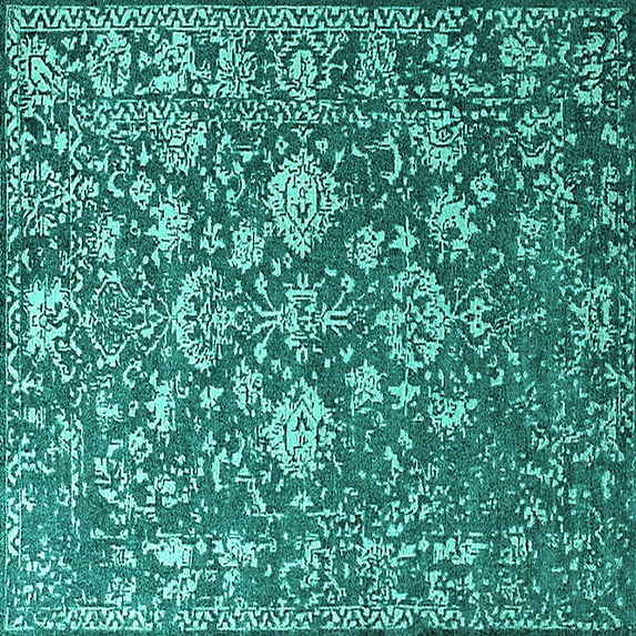 Ahgly Company Machine Washable Indoor Square Oriental Turquoise Blue Industrial Area Rugs, 7' Square