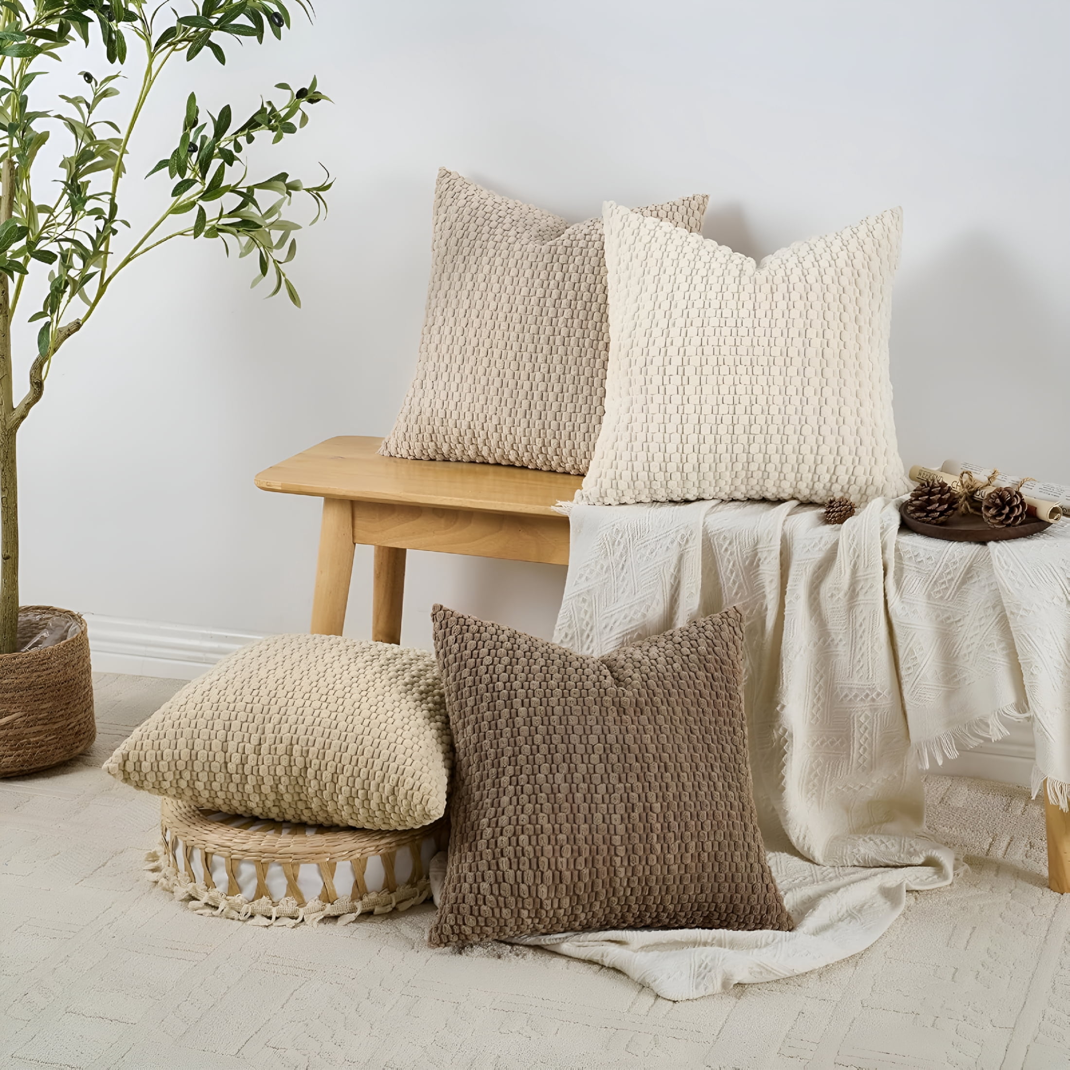 AUQ Throw Pillow Covers 18X18 Set of 4,Super Soft Boho Corduroy Decorative Cushion Cases,Solid Color Plush Texture Pillow Covers for Sofa Couch Chair,Beige Brown Pillow Cases 18X18