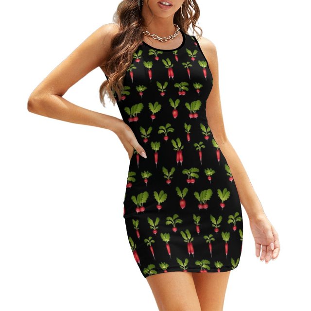Robe à Encolure Carrée, Imprimé Mignon, Élégante, pour Plage, Fête, Vert Radis, Nourriture Saine, Motif Betterave Rouge
