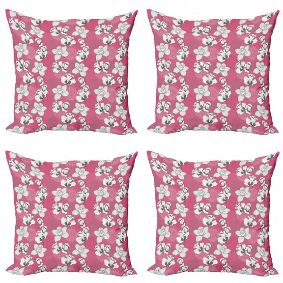 Ambesonne Garden Art Throw Pillow Cover 4 Pack, Sketch Flower Motifs, 18", Pink Grey and White
