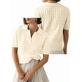 thumbnail image 3 of Women's Cable Knit Sweater Short Sleeve V Neck Soft Casual Pullover Top Solid Color Grey White S, 3 of 6
