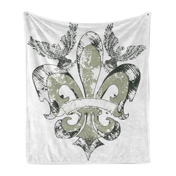 Fleur De Lis Soft Flannel Fleece Throw Blanket, Eagles on Fleur De Lis Emblem Power Victorian Creative Illustration, Cozy Plush for Indoor and Outdoor Use, 70" x 90", Tan White, by Ambesonne