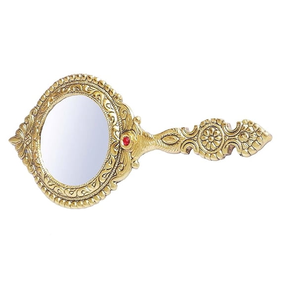 Beautifully Carved Round Shape Framed Gold Plating Metal Hand Mirror For Makeup, Travelling, Salon Mirror & Decorative Mirror Antique Item For Wedding Gifts.