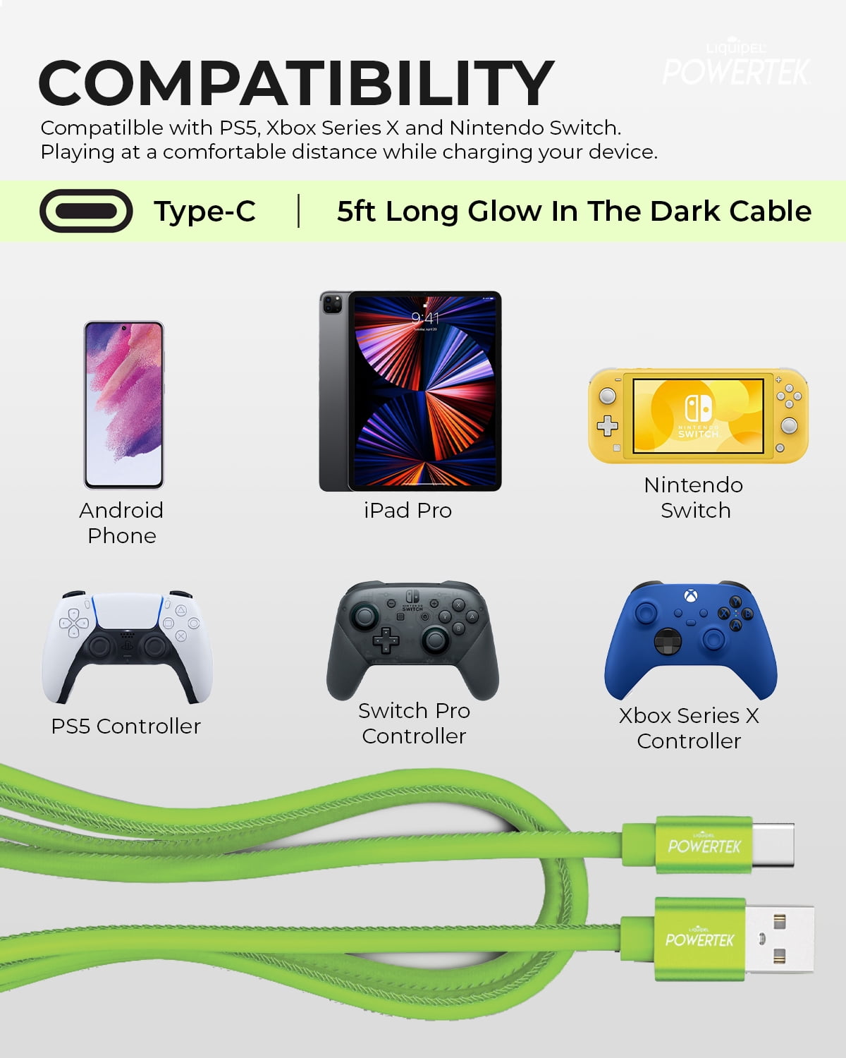 Liquipel Powertek Glow in Dark Cable Type C - Green