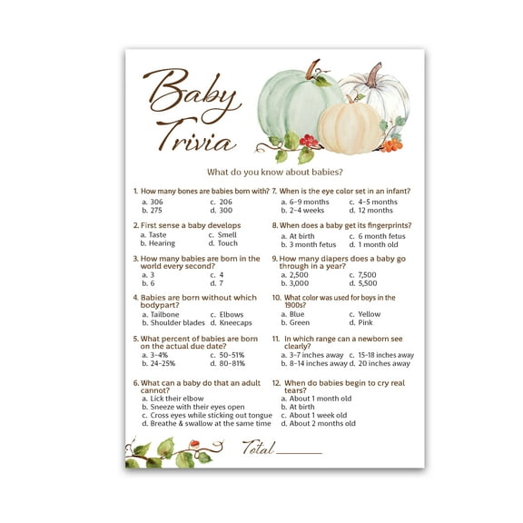 White PUMPKINS Baby Shower Game, BABY TRIVIA Game - Pack of 25 - FALL Baby Shower Games, Rustic GENDER NEUTRAL Baby Shower Games, Little Pumpkin Autumn Fall Baby Shower, Fun Baby Facts Game G332-TRV