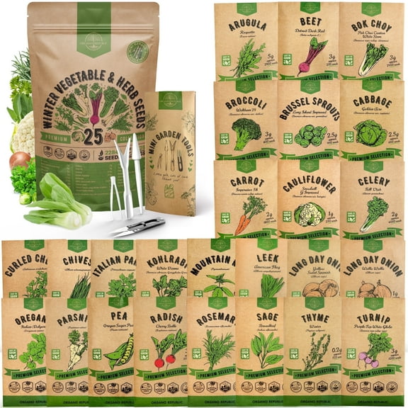 25 Winter Vegetable & Herb Garden Seed Variety Pack - 22,845  Non-GMO Heirloom Seeds for Gardening