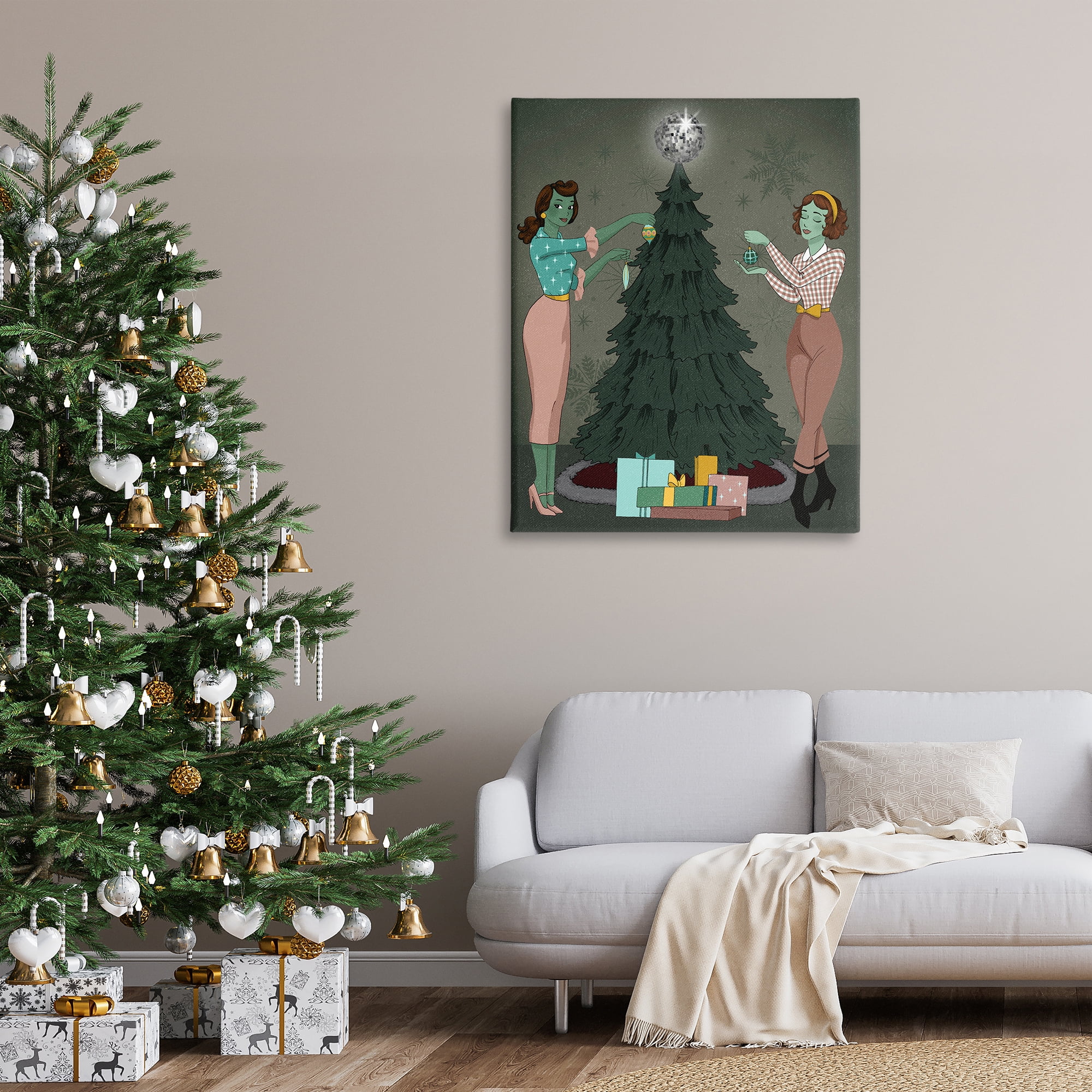 Stupell Industries Girls & Christmas Tree Holiday Painting Gallery Wrapped Canvas Art Print Wall Art, 36 x 48