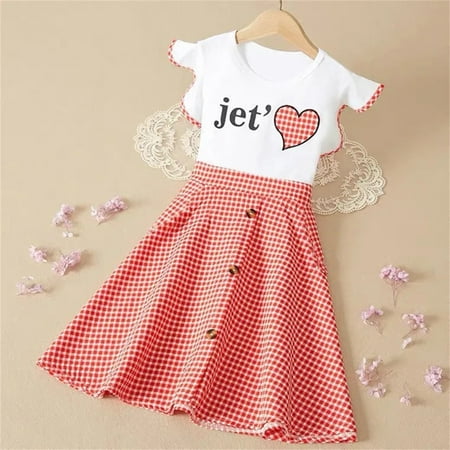 

Toddler Kids Baby Girls 3-9Y Summer Casual Ruffle Letter Love Print Ruffle Sleeves Plaid Patchwork Party Princess Dresses Clothes