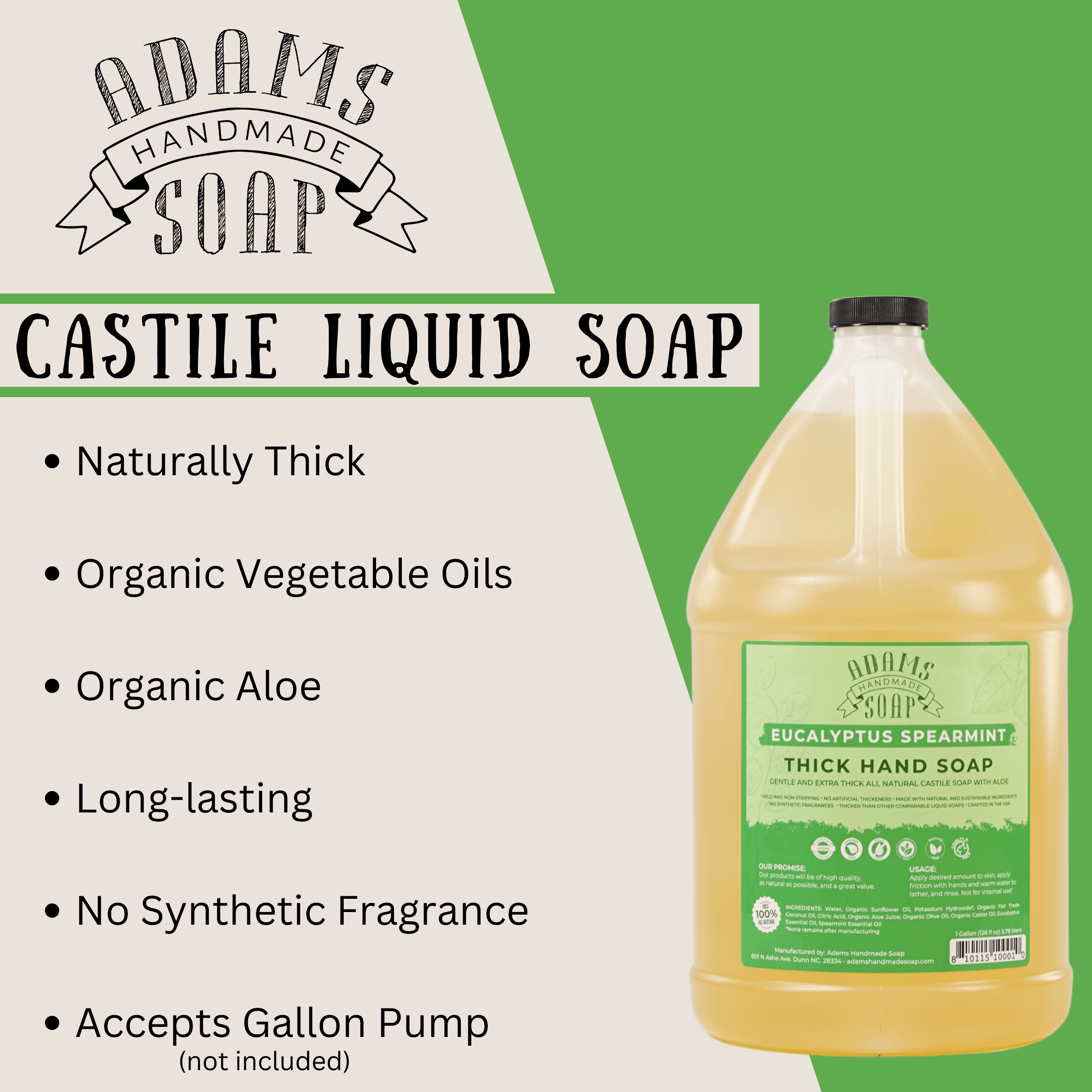 Eucalyptus Spearmint Organic Liquid Castile Hand Soap 1 Gallon Refill Adams Handmade Soap