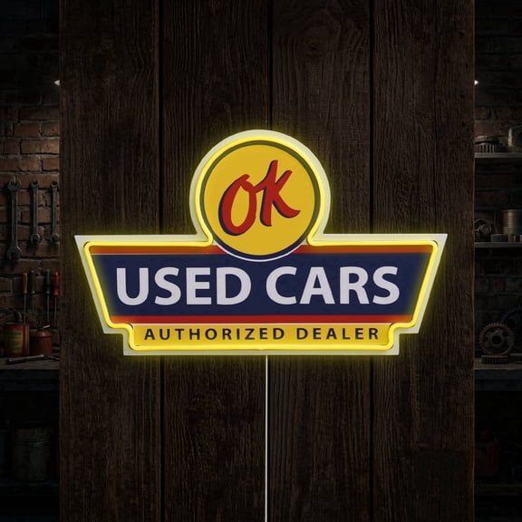 American Art Decor OK Cars Authorized Dealer LED Plaque Sign - Retro Lighted Wall Decor for Man Cave, Garage, Office & Game Room - Yellow Neon-Style Auto Sign