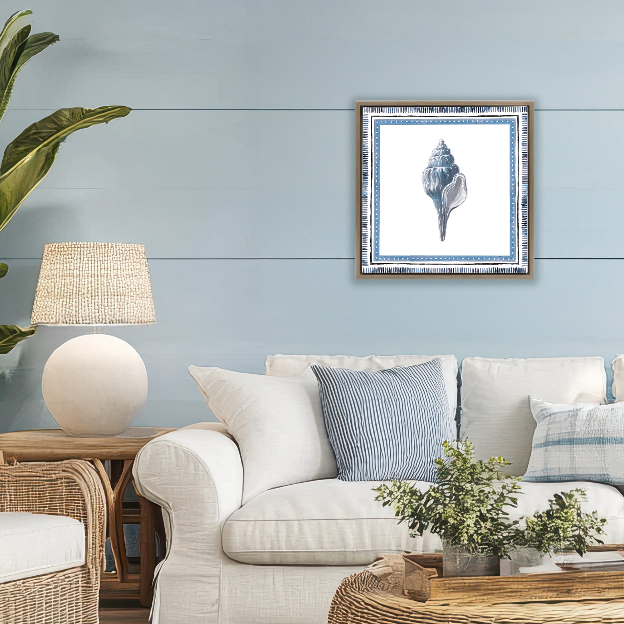 Stupell Industries Soft Blue Conch Shell Brown Framed Floater Canvas Wall Art, design by Lanie Loreth