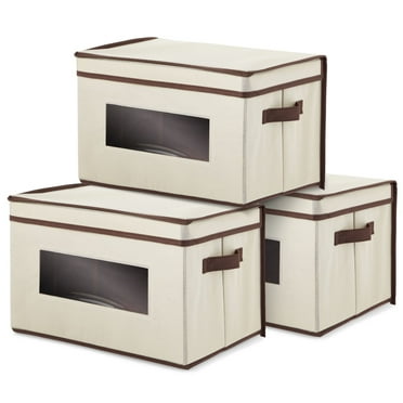 3 Pack Stackable Sturdy Storage Bins With Lids, Handles, Foldable for Home Closet Organization (12 Inch, Cream)