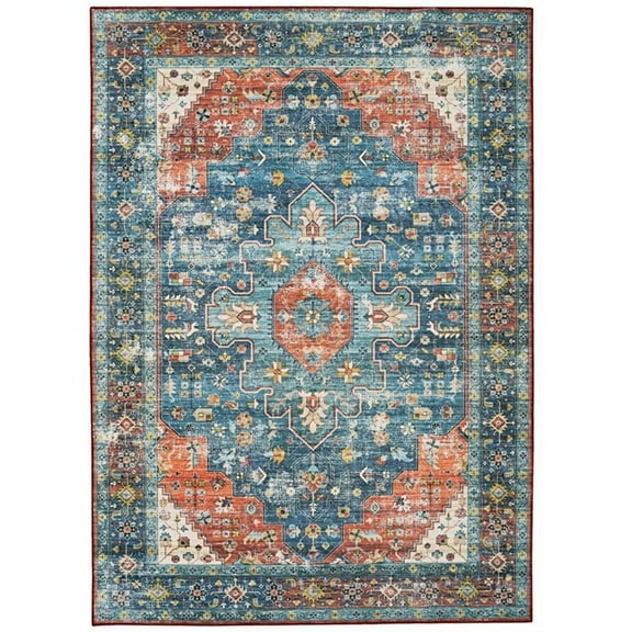 Linon Washable Langley Polyester 3'x5' Rug in Teal Blue