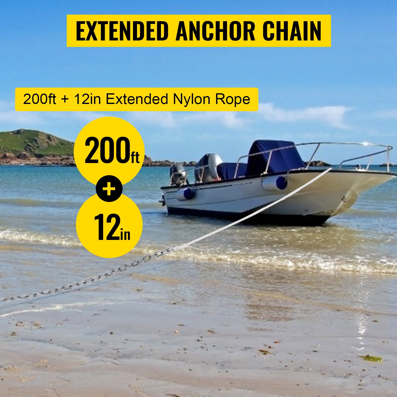 VEVOR Boat Anchor Chain 15' x 5/16" Galvanized Chain 1/2" x 200' Nylon Rope