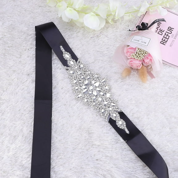 Masteelf Luxury Crystal and Silk Bride Accessories for Wedding Use Black Rhinestone Belt Easy to Wear One