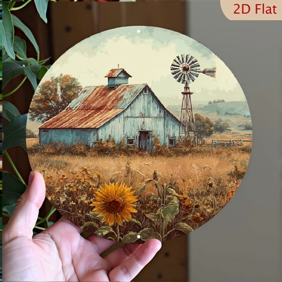 Rustic Blue Barn with Windmill & Sunflower Round Aluminum Sign - Vintage Farmhouse Wall Decor, 1pc, 8" Wall Art Metal Sign, For Door, Room, Home, Bathroom, Ideal Gift, Weather Resistant, 2D Flat