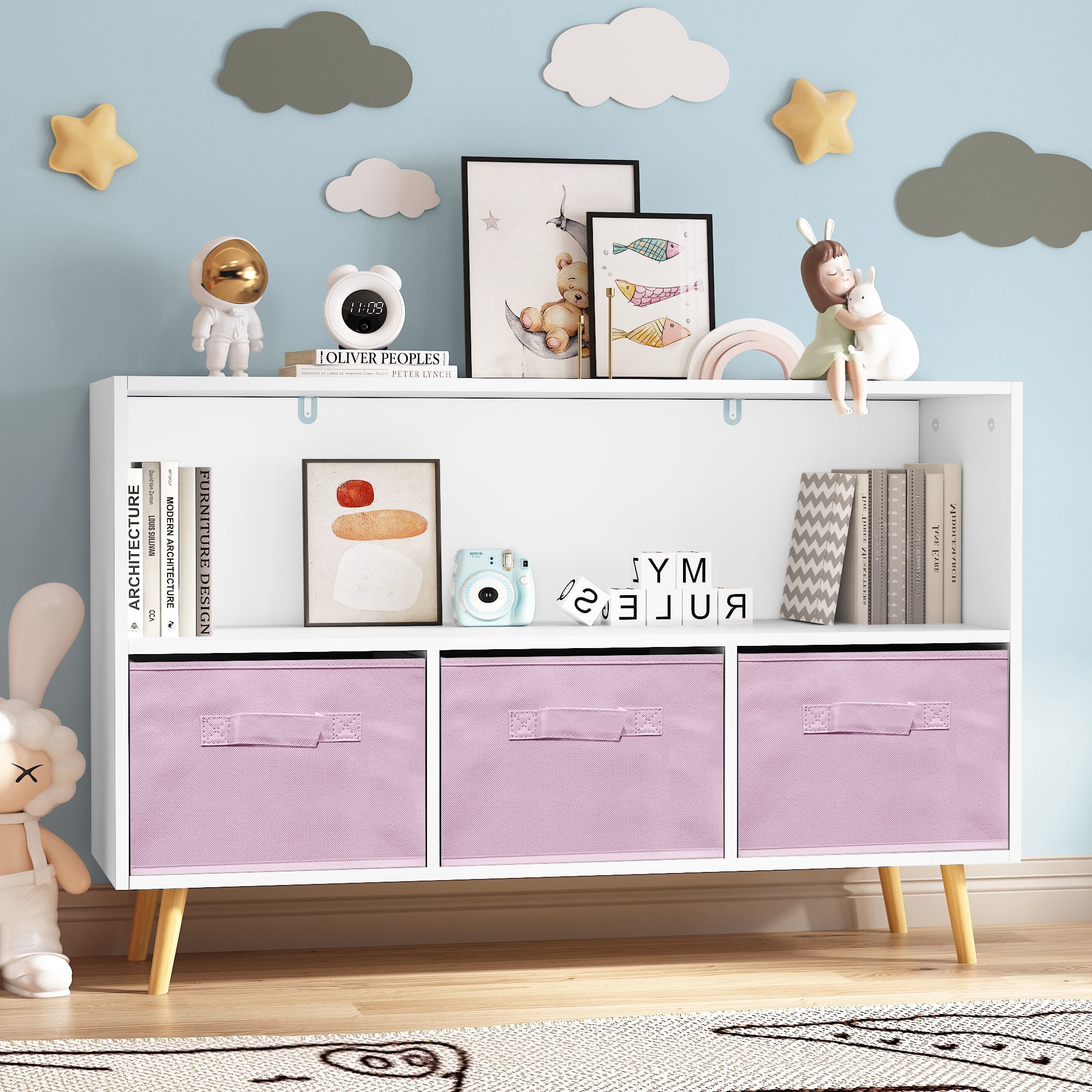 Kids Bookcase with Collapsible Fabric Drawers,Toy Storage Cubby,Children's Book Display,Toy Storage Cabinet Organizer,White/Pink