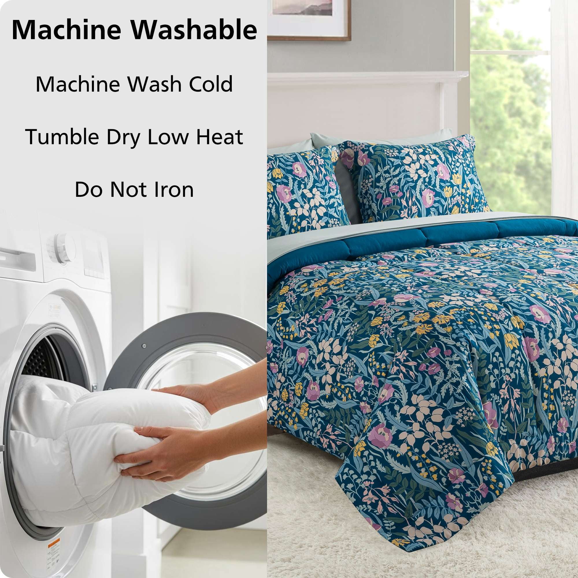 Mainstays All in One Reversible Comforter and Sheet Set, 7-Piece, Queen, Blue Floral