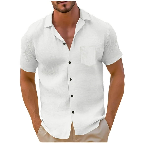 Mens Fashion Casual Solid Button Pocket Cotton Linen Short Sleeved Turndown Top