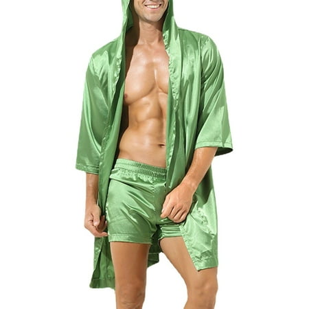

Men Hooded Loose Satin Silk Bathrobe Pajamas Sleepwear Gown Bath Robe Nightwear