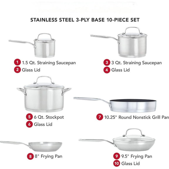 3-Ply Base Stainless Steel Cookware Pots and Pans Set, 10 Piece, Brushed Stainless