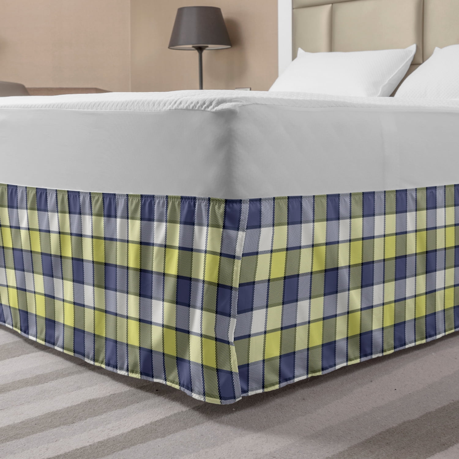 Blue Yellow Vintage Bed Skirt, Geometric Pattern with Diagonal Striped