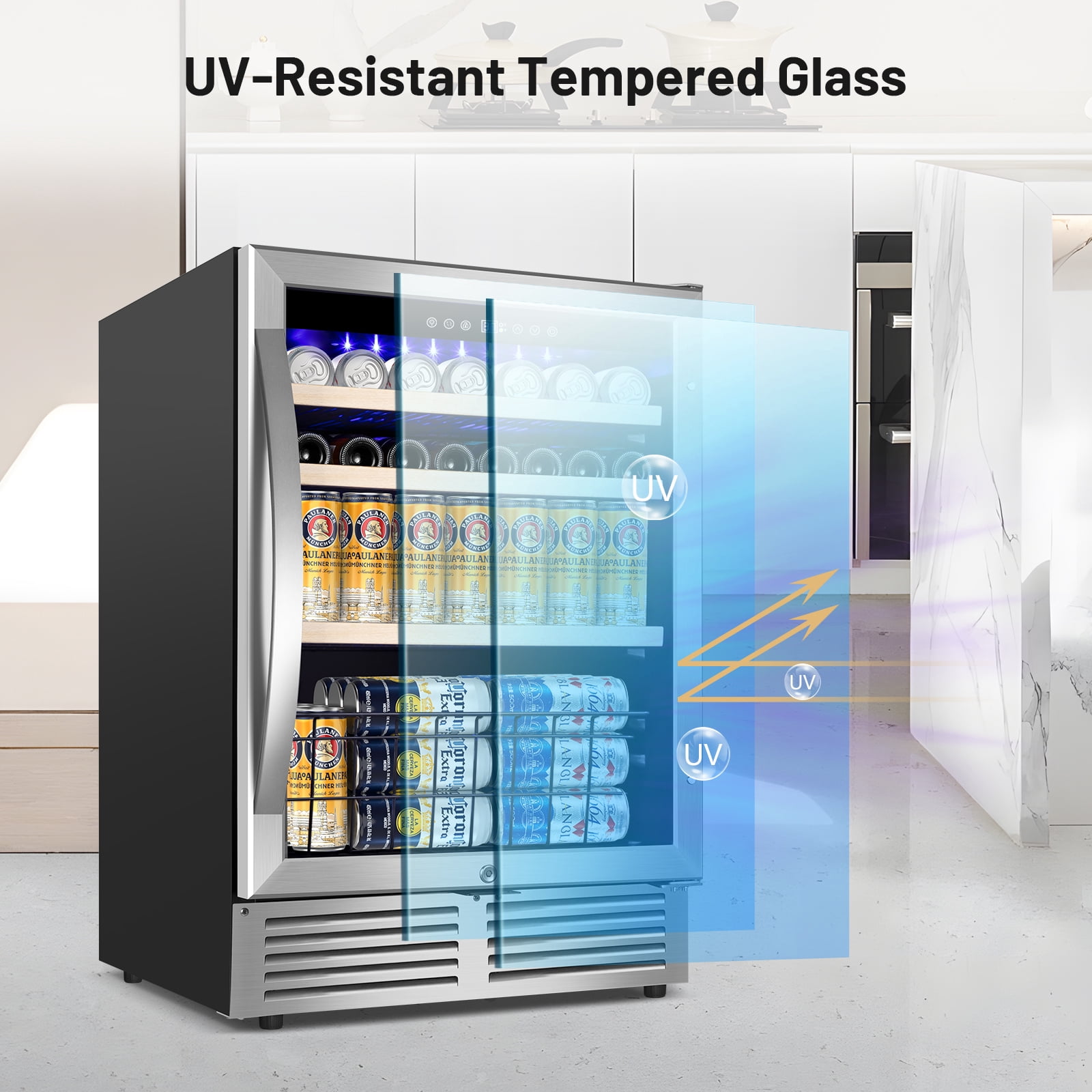 TITTLA 24 inch Beverage Refrigerator,180 Cans Under Counter Refrigerator with Glass Door for Kitchen Bar Office,Silver