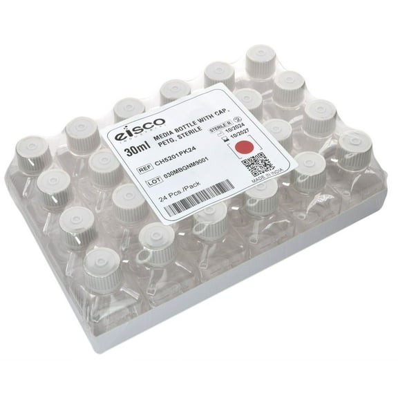 Eisco - Pack of 24, 30mL Sterile PETG Media Bottles with HDPE Caps, Square, Leak-Proof, Tamper-Evident, Non-Pyrogenic, Gamma Sterilized, Ideal for Lab Reagents, Buffers & Biopharmaceutical Use