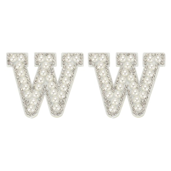 2Pcs Parches de Letras de Perlas para Planchar, Parches Adhesivos de Letra W con Rhinestones Brillantes para Ropa de Manualidades, Sombreros, Bolsas, Zapatos, Almohadas, Blanco