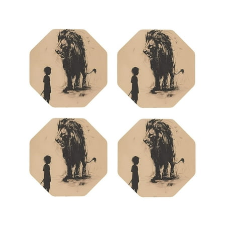 

Vsdgher Child And Lion Sketch Leather Coasters for Drinks Durable Drink Coasters 4 Set for Tabletop Protection Luxurious Home Décor and Housewarming Gift-Octagon