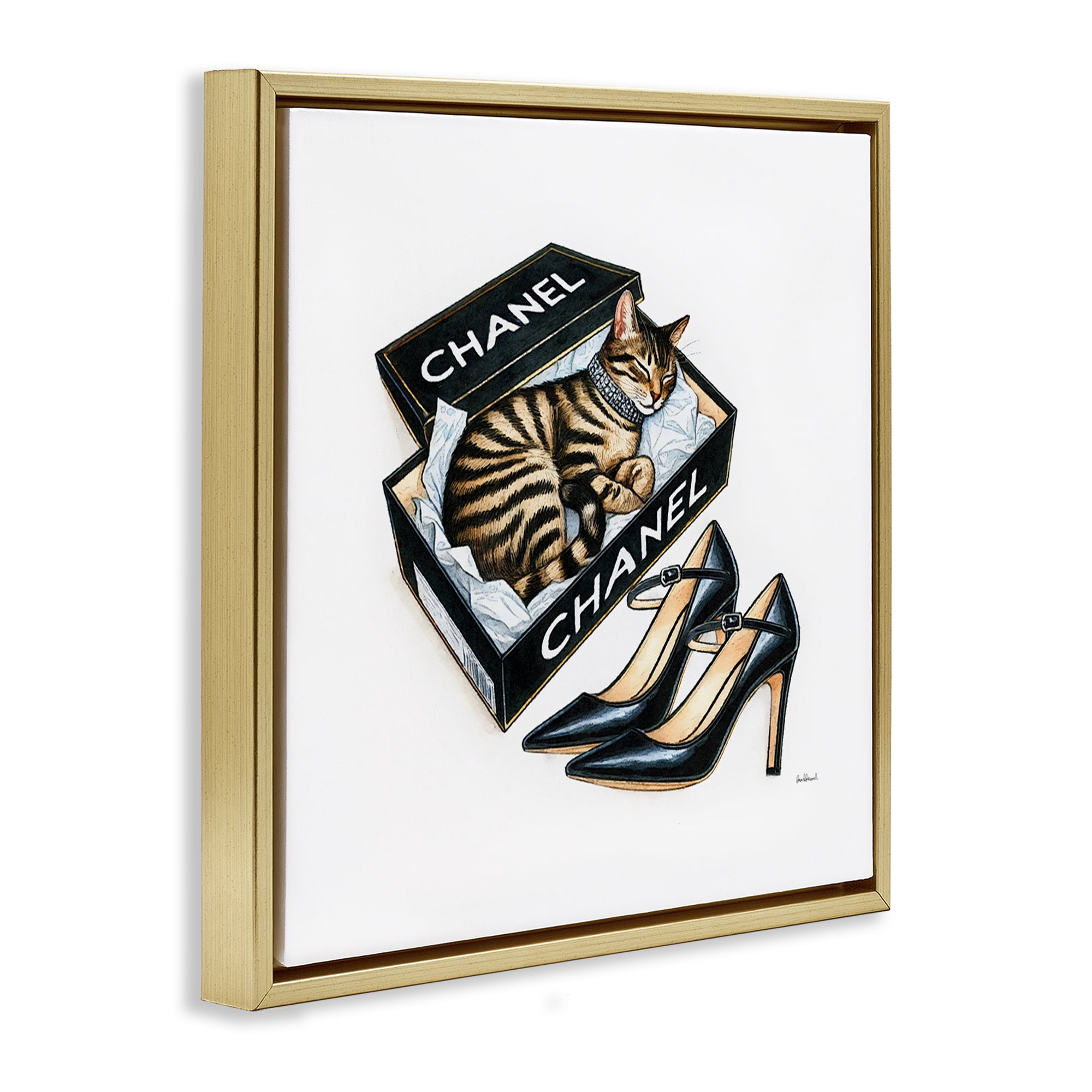 Stupell Industries Sleeping Cat in Shoe Box Animals Painting Gold Floater Framed Canvas Art Print Wall Art, 18 x 18