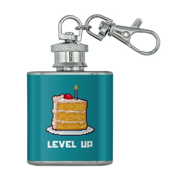 8-Bit Pixel Retro Cake Level-up Game Gamer Stainless Steel 1oz Mini Flask Key Chain