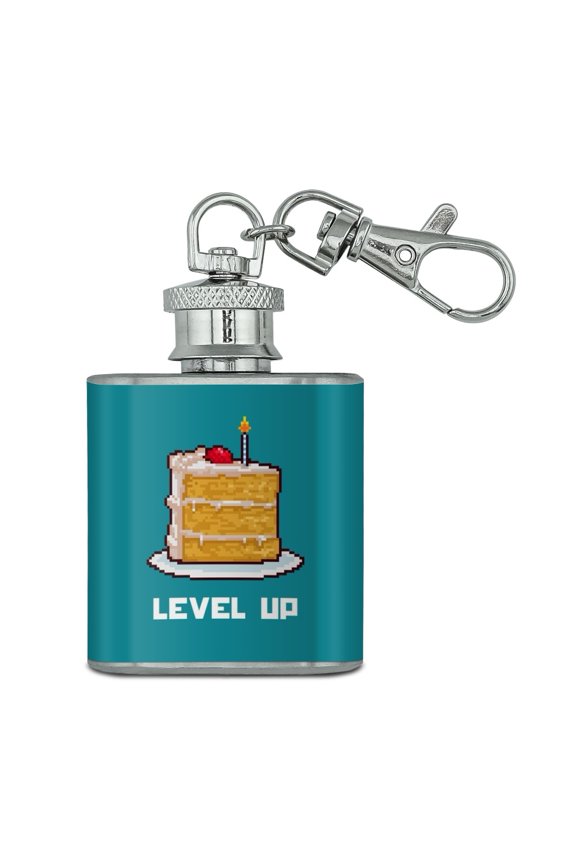 8-Bit Pixel Retro Cake Level-up Game Gamer Stainless Steel 1oz Mini Flask Key Chain