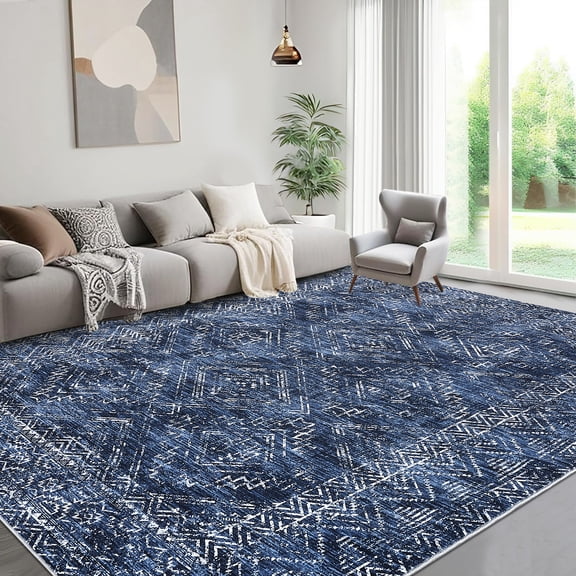 Haperlare Washable Area Rugs for Living Room Contemporary Geometric Low Pile Soft Indoor Floor Rugs Blue Big Carpet for Family Room,8'x10'