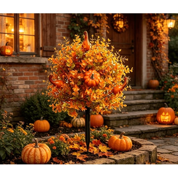 1 PCS Fall Pumpkin Artificial Flowers for Outdoors with Ground Stakes,22" UV Resistant Artificial Outdoor Plants with Orange Leaves&Gourds,Autumn Fake Plant for Garden,Halloween & Thanksgiving Decor